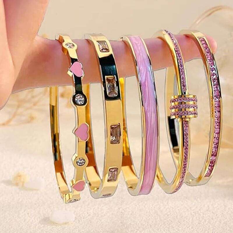 Stackable Color Bangle Set for Women - 18K Gold Plated Stainless Steel Pink Crystal Love Heart Bracelet Jewelry Z260123