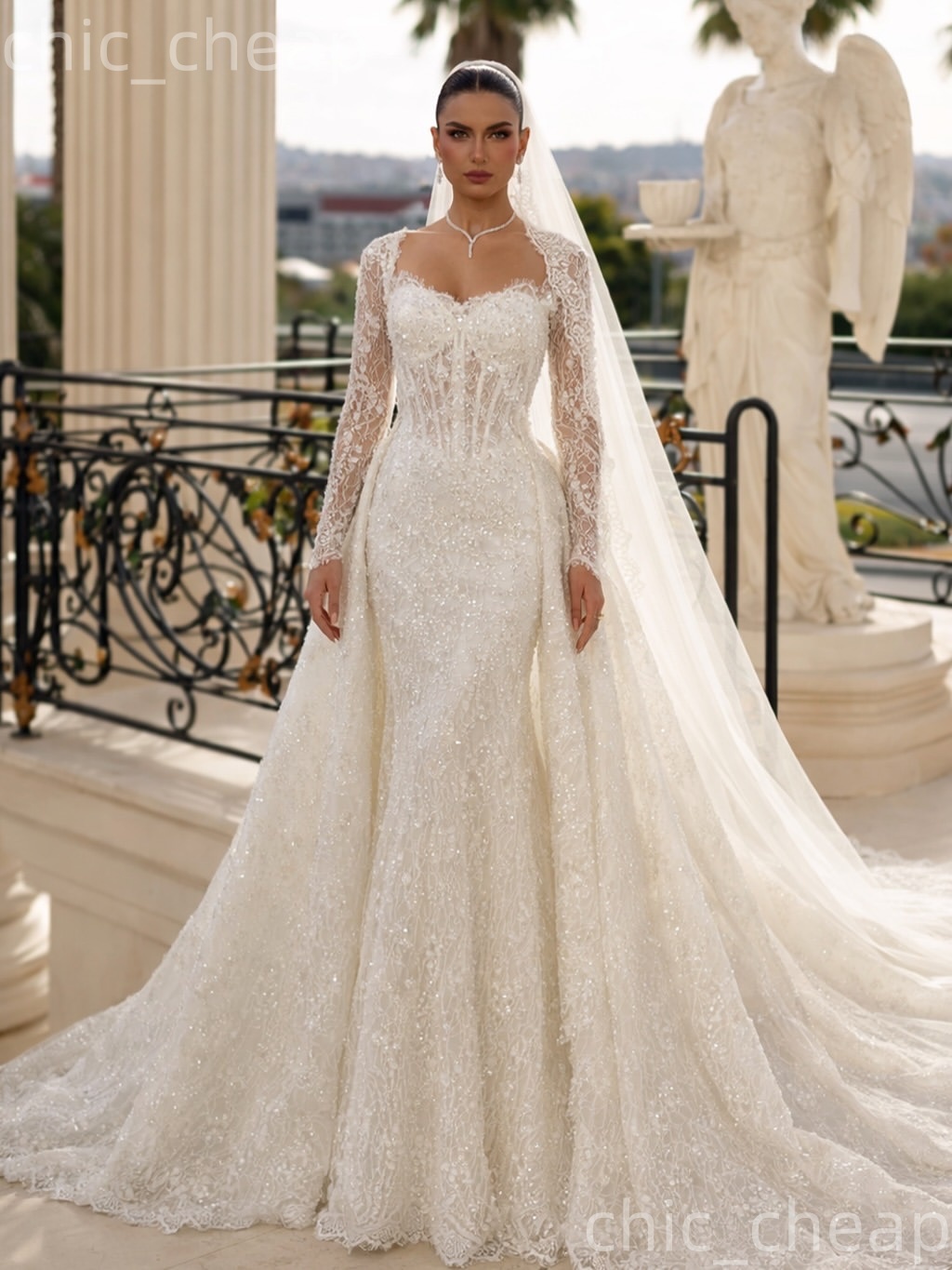 African Aso Ebi 2026 Ivory Mermaid Wedding Dress Full Sleeves Lace Detachable Train Elegant Vintage Bridal Gowns Dresses ZJ2377