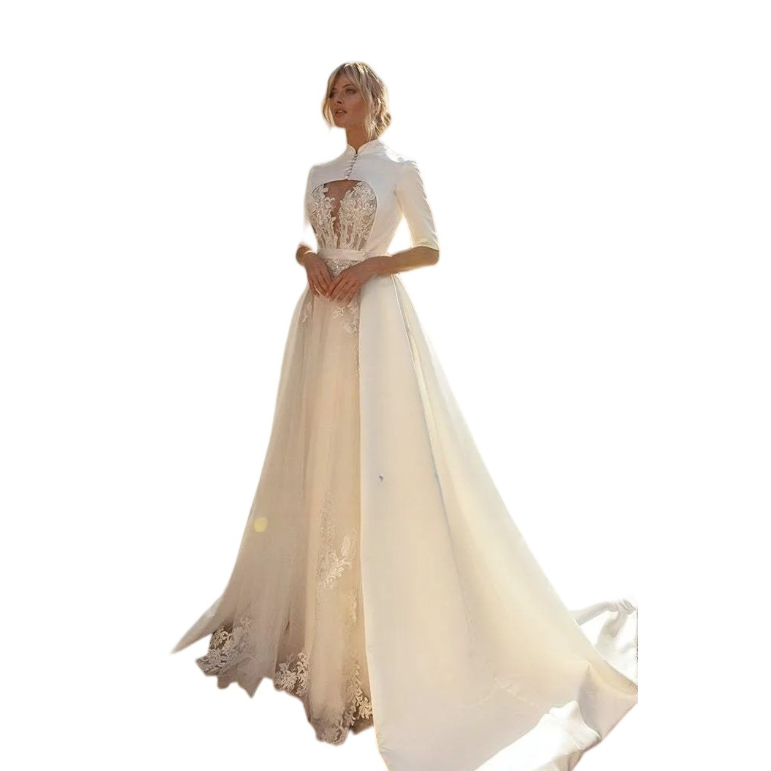 Off White Wedding Dresses Stain Cape Two Pieces Applique Lace With Corset Princess Church Garden Bridal Gown Outfit J23 B0312
