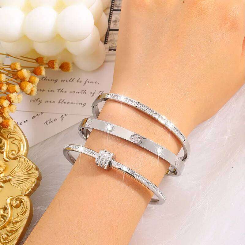 3pcs Gypsophila Diamond-Encrusted Stainless Steel Simple And Versatile Bracelet For Daily Matching Z260123