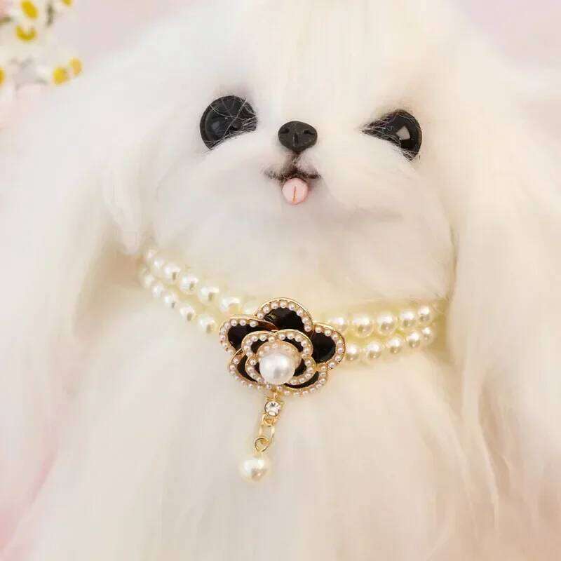 Pet Floral Camellia Ornament Pearl Necklace Small Cat And Dog Collar