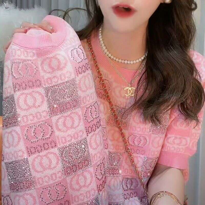 Summer Thin Knitted Short Sleeve T-Shirt For Women, Niche Jacquard Design, European Style, Heavy Embroidery, Rhinestone, Ice Silk Plaid Top Xing Zhigu