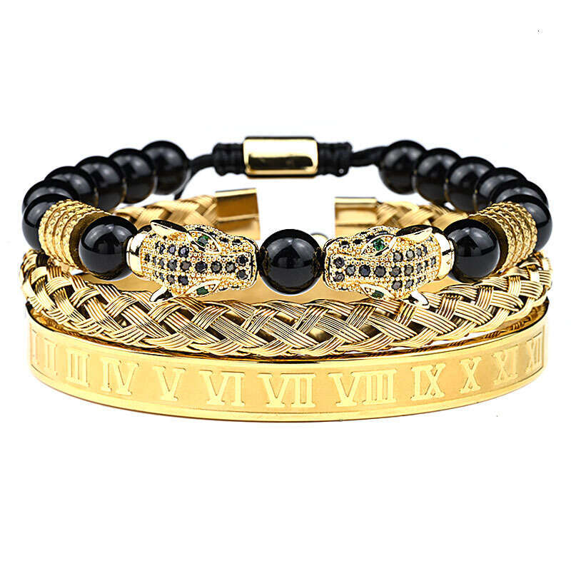 Micro-Inlaid Zircon Double Leopard Head Shiny Black Bead Braided Bracelet Stainless Steel Roman Bangle