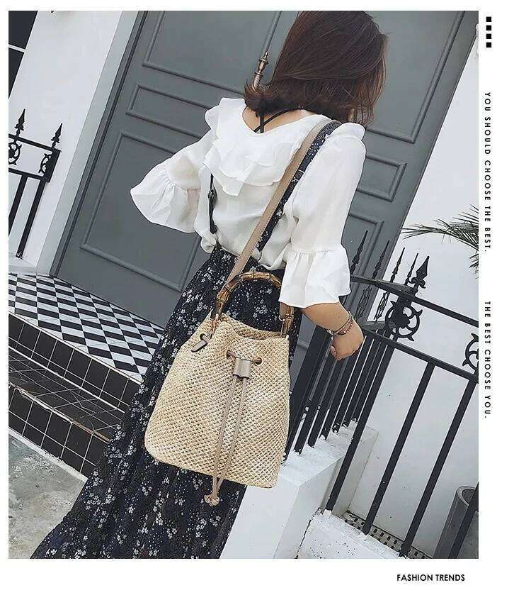 Female Summer Handmade Woven Shoulder Messenger Women Drawstring Straw Bucket Bag Ladies Shopping Purse Beach Bags Handbags