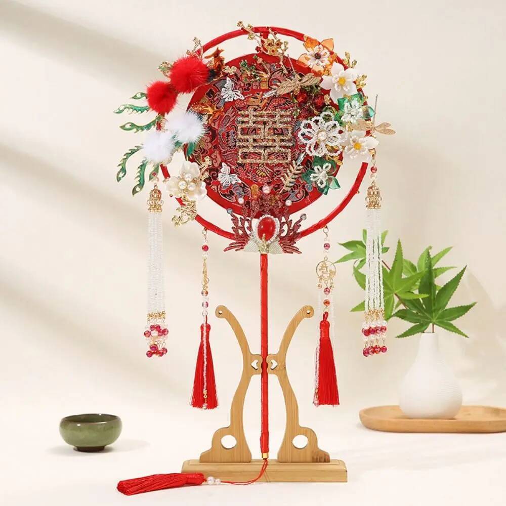 Antique Style Bride Group Handmade Flower Desig Show with Tassel Long Handle Decorative Fan For Chinese Wedding ddmynov