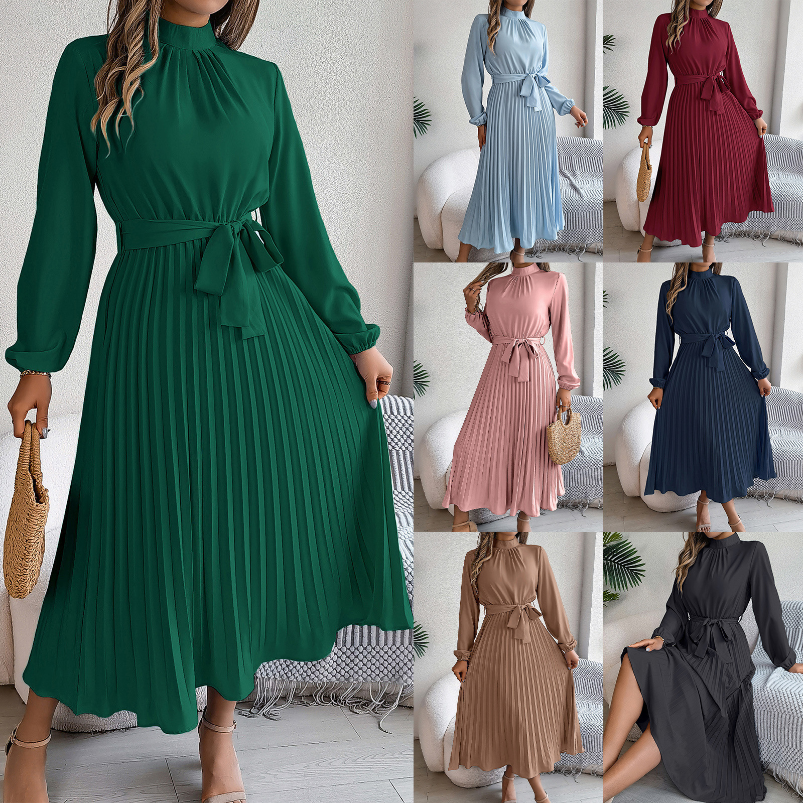 2025 Autumn Winter Elegant Stand Collar Long Sleeve Waist Pleated Long Dress Small Gown Womens Clothing