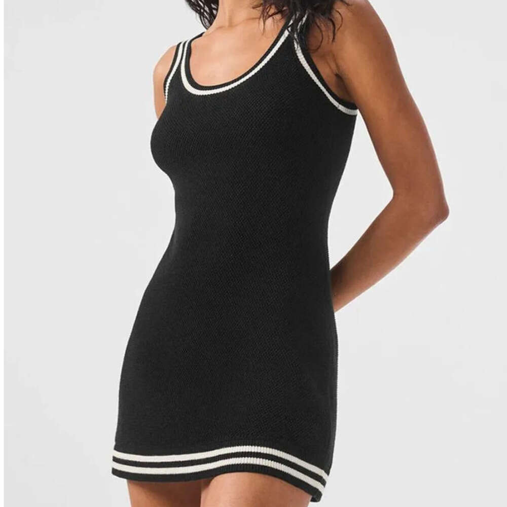 Casual Dresses Women's Black Knitted Mini Dress Contrast Trim Sleeveless Bodycon Streetwear Tennis Club Sweater Dress