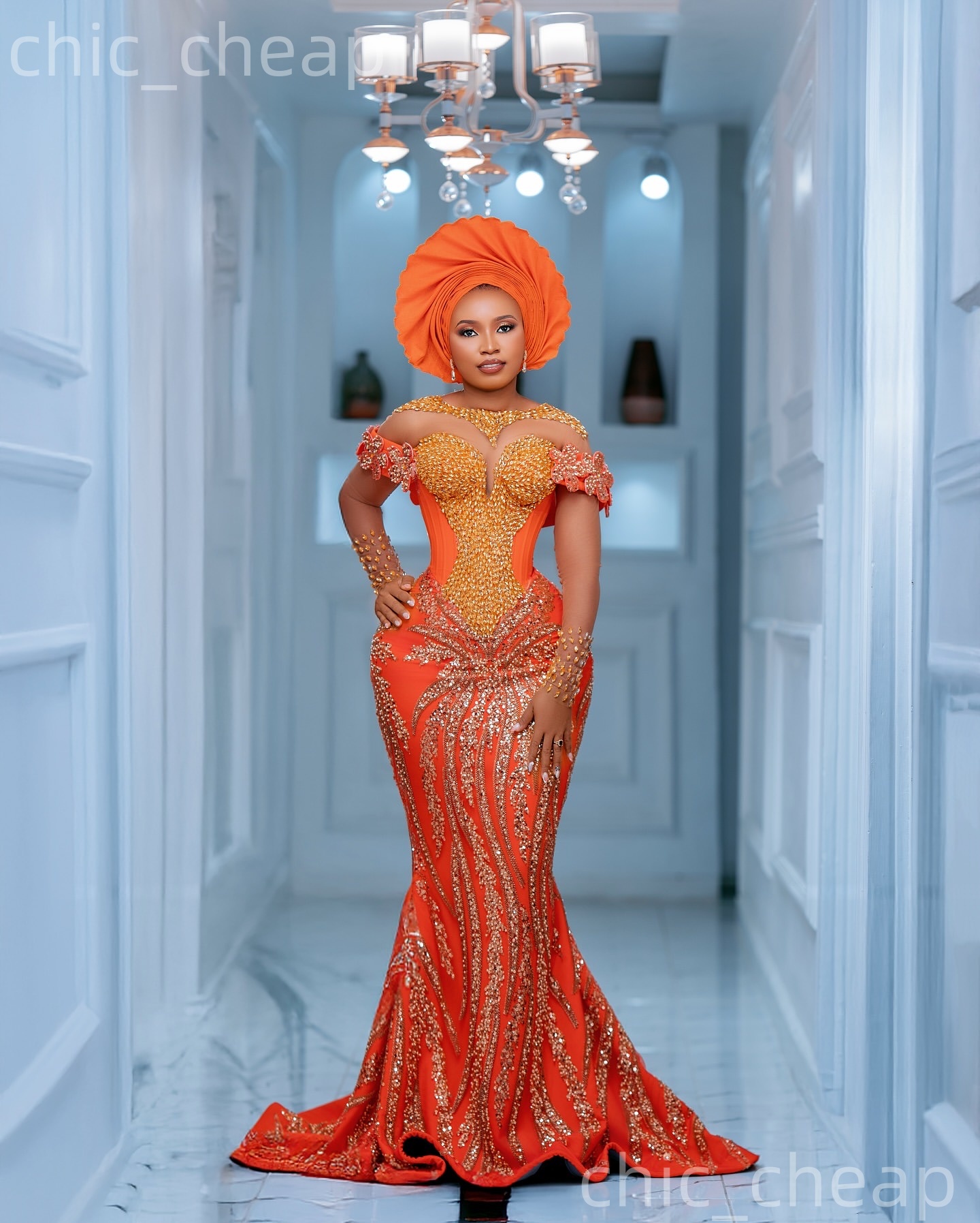 Aso Ebi Orange Mermaid Prom Dresses 2026 Flowers Crystals Beaded Sequined Evening Formal Party Second Birthday Reception Gowns Dress For Special Occas