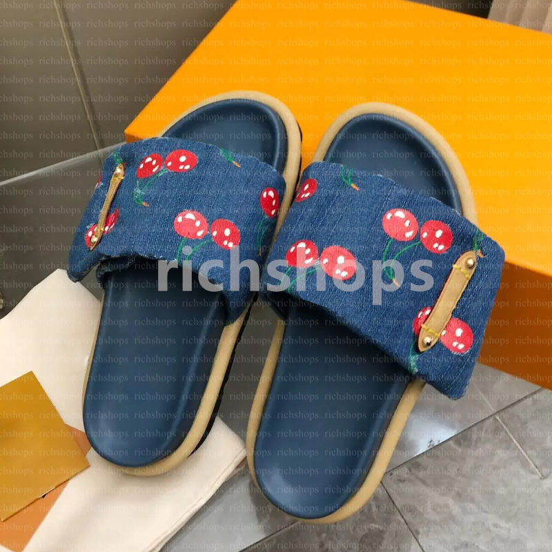 Designer Pool Pillow slippers sandals cherry Mules blossom murakami leather Flat Sliders sandles Women Men Slides Prints Embossed Sandal vintage sandale