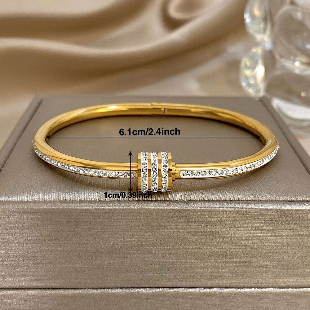Luxury Stackable Zircon Stainless Steel Cuff Bracelet Women Simple Round Geometry Gold Color Spring Bangle Party Jewelry Gift Z260123