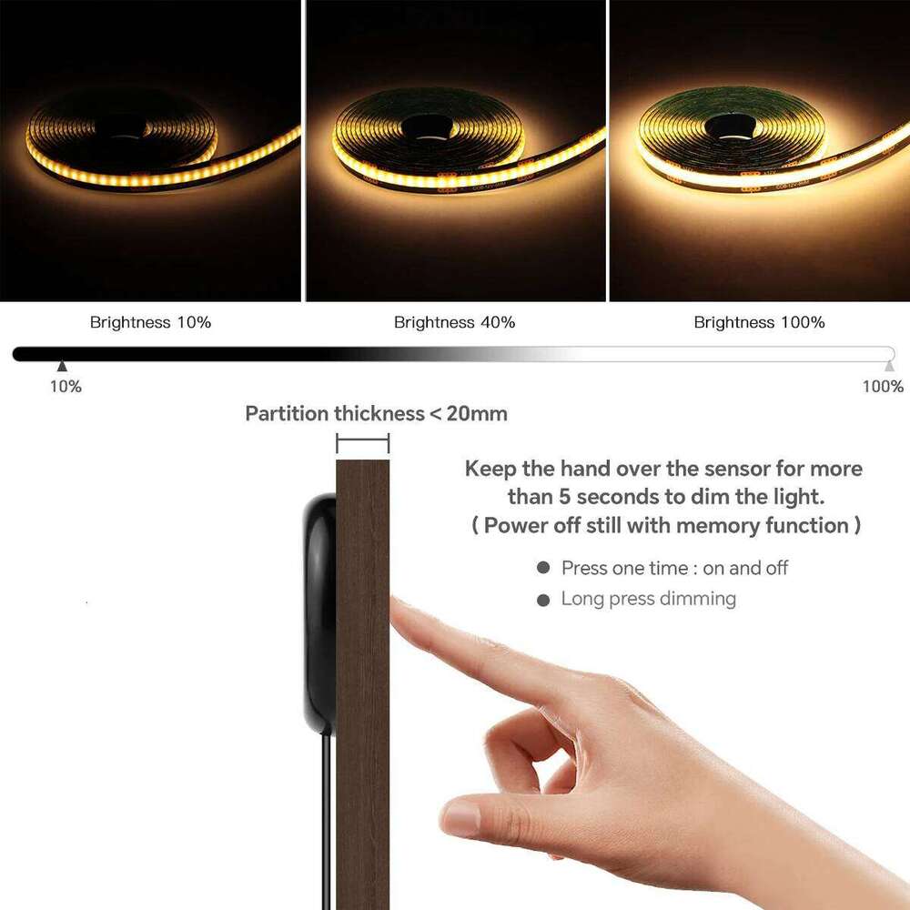 Touch Dimmable Embedded Acoustic Panel Decor 12V COB Strip Light Kit Wood Grain Grille Curtain Wall Backlight LED Tape 26Y0123