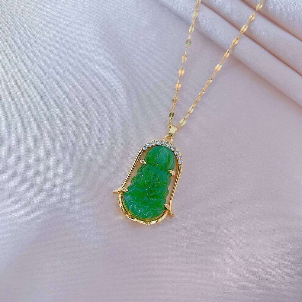 Elegant Green Guanyin Pendant Stainless Steel Necklaces For Women Vintage Style Lucky Guard Female Neck Chain Jewelry Wholesale Z260123