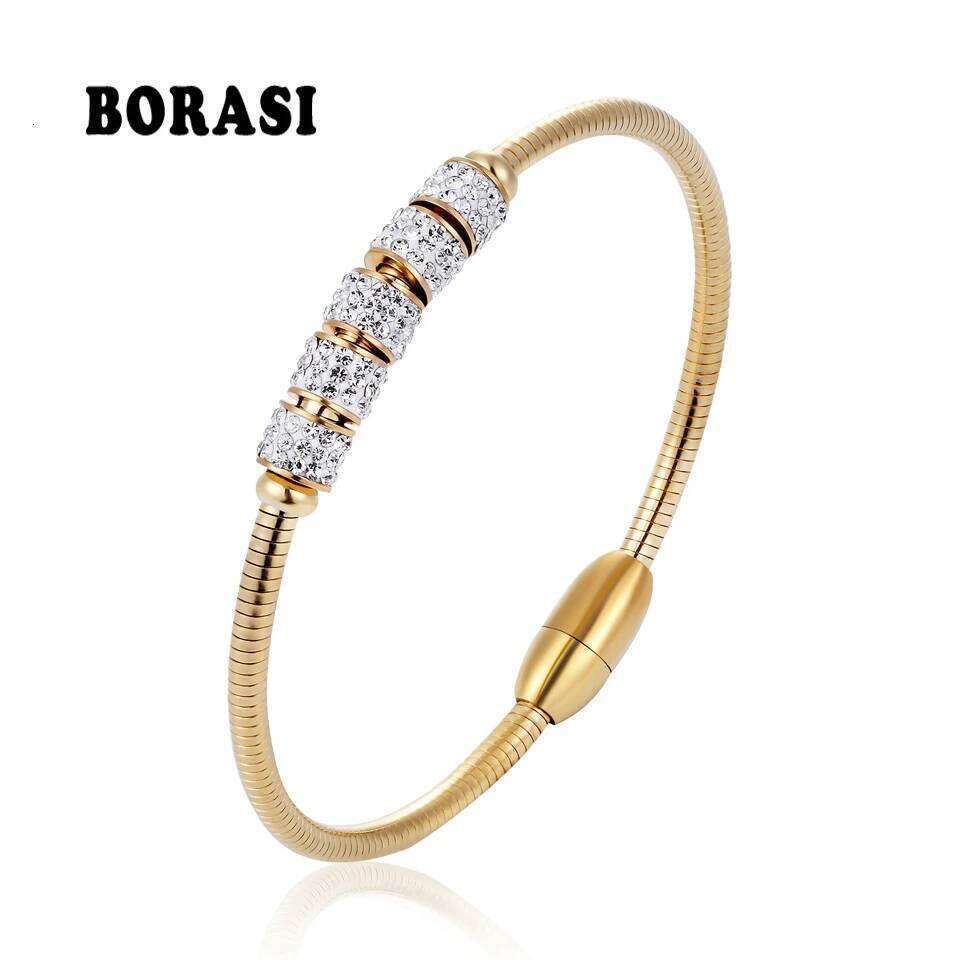 BORASI Surface Crystal Adjustable Cubic Zircon Bangle Jewelry Rose Gold Color Stainless Steel Charm Bracelet For Women Z260123