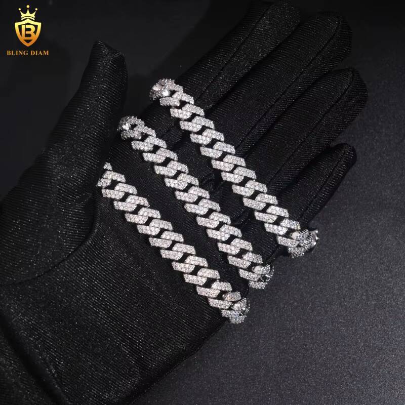Hot Sale Iced Out 10mm 925 Silver VVS Moissanite Cuban Link Chain Necklace Bracelet Men Pass Diamond Tester Hip Hop with GRA