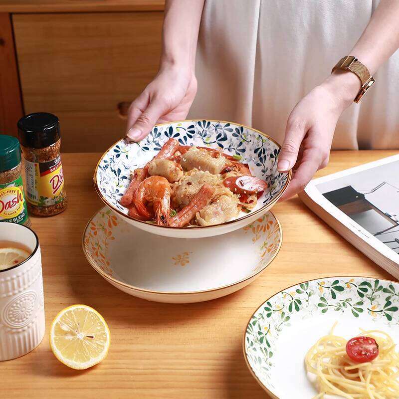 8in/20.2cm Floral Ceramic Plates - Cute Pasta/Salad/Dessert Plates, Kitchen Restaurant Tableware, Microwave & Dishwasher Safe