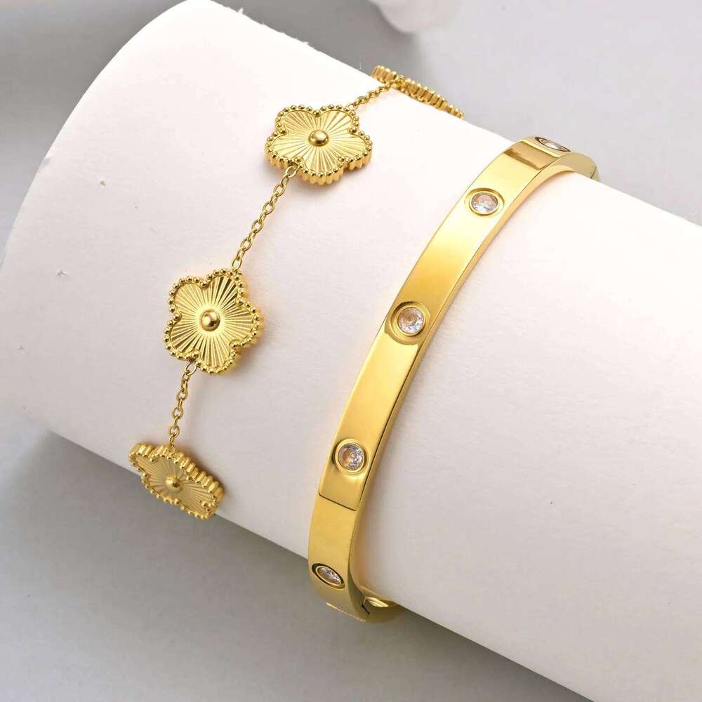 Exquisite Five Flower Bracelet Set for Women, Luxury Stainless Steel Zircon Openable Bangle, Classic Fashion Jewelry Gift Clover Z260123