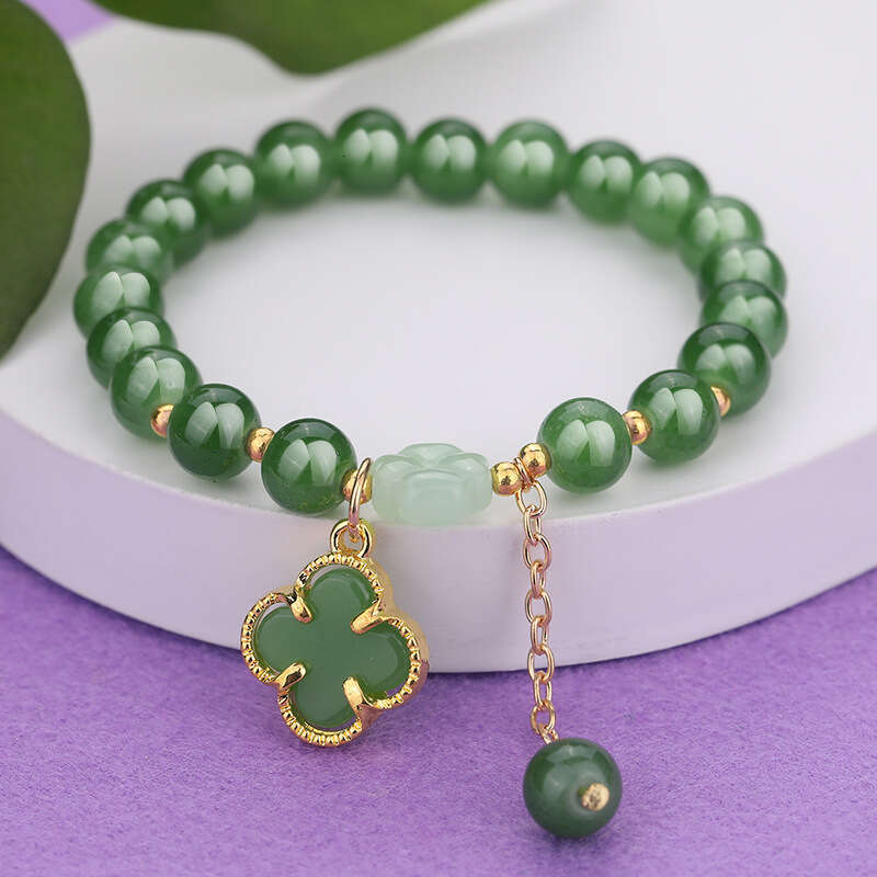 Elegant Green Jade Bead Bracelet with Gold Charm Lucky Chinese-Style Fashion Jewelry for Women & Girls