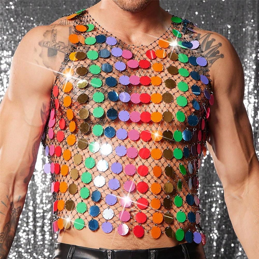 Stage Wear Men Colorful Sequin Rhinestone Fishnet Hollow Out Sexy Tank Top Party Vest