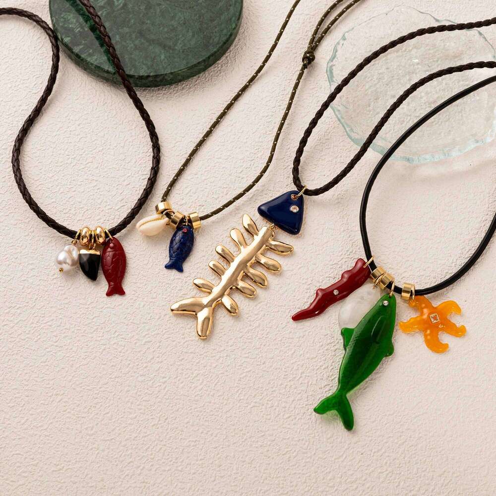Copper Material Multi Pendant Summer Ocean Small Starfish Fish Bone Rope Necklace Gold Plated Color Preserved Z260123