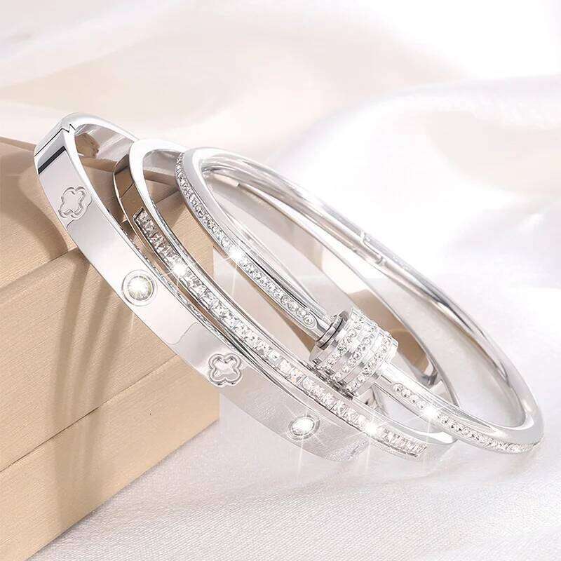 3pcs Gypsophila Diamond-Encrusted Stainless Steel Simple And Versatile Bracelet For Daily Matching Z260123