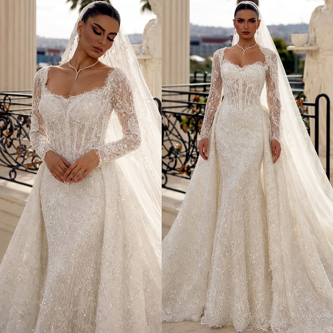 African Aso Ebi 2026 Ivory Mermaid Wedding Dress Full Sleeves Lace Detachable Train Elegant Vintage Bridal Gowns Dresses ZJ2377