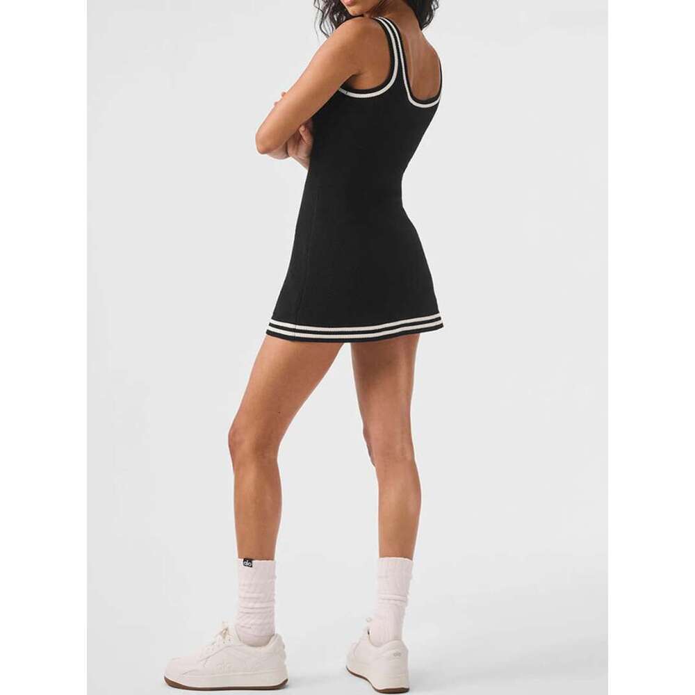 Casual Dresses Women's Black Knitted Mini Dress Contrast Trim Sleeveless Bodycon Streetwear Tennis Club Sweater Dress