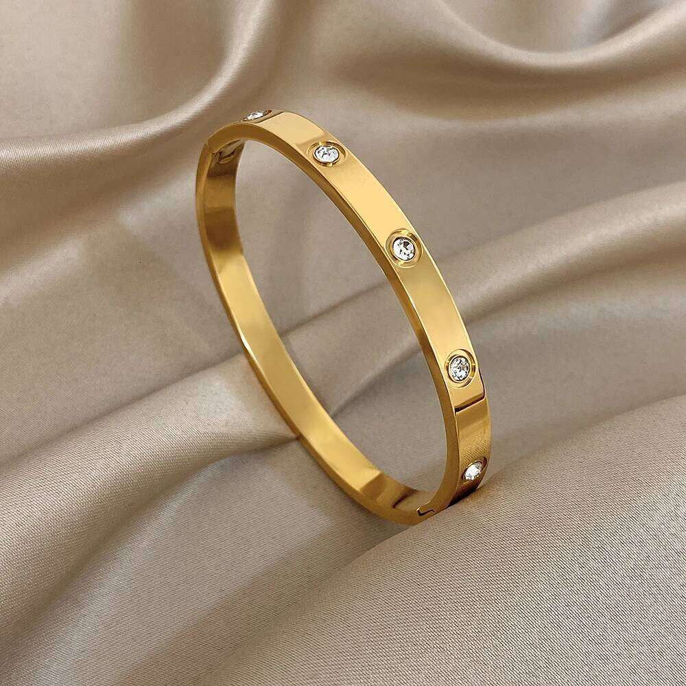 Luxury Stackable Zircon Stainless Steel Cuff Bracelet Women Simple Round Geometry Gold Color Spring Bangle Party Jewelry Gift Z260123