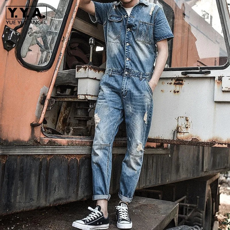 Japan Retro Mens Overalls Short Sleeved Denim Pants Casual Washed Jeans Jumpsuits Button Classic Hole Ripped Trousers 260120
