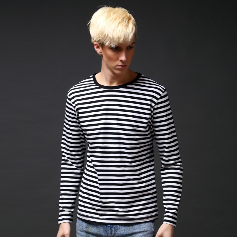 Spring and Autumn 2025 New Style Men's Long Sleeve Large Size T-shirt Sailor Shirt Pure Cotton Striped T-shirt Intermittent StripesXJ241210
