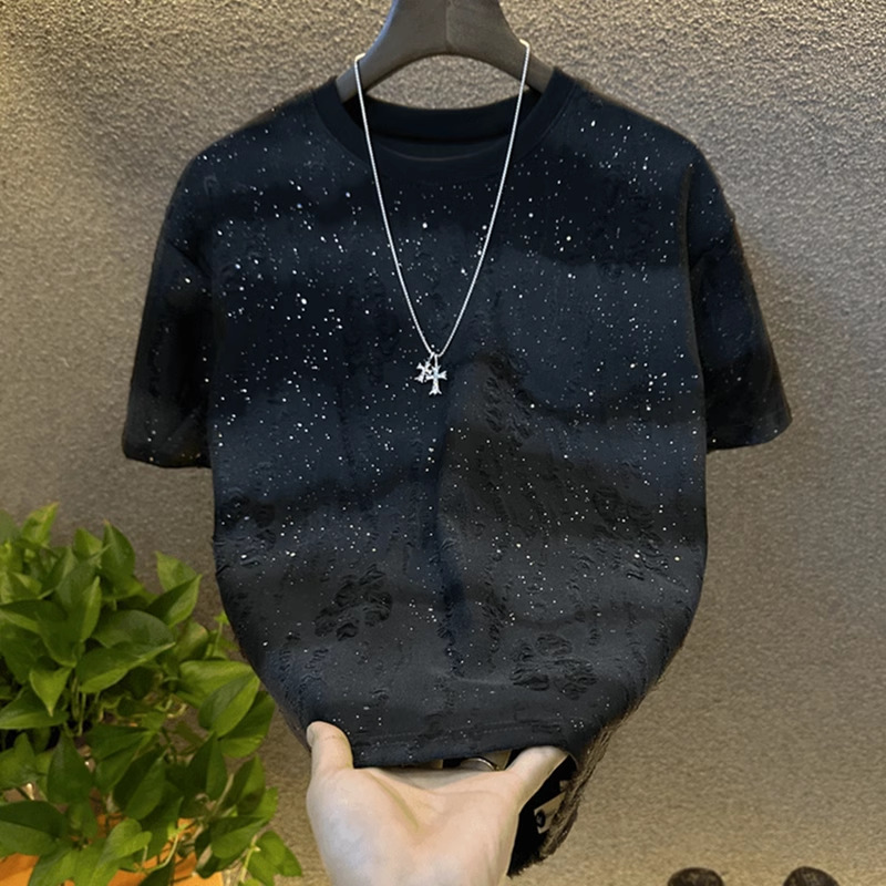 Men's design T-shirt Y2K new style of perforated design rhinestone design starry sky loose pullover short-sleeved street wear daily wear