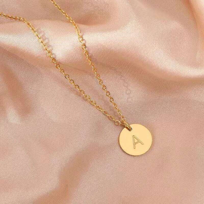Round English Initial 18K Gold Plated Stainless Steel Cute Letter Necklace for Women Z260123