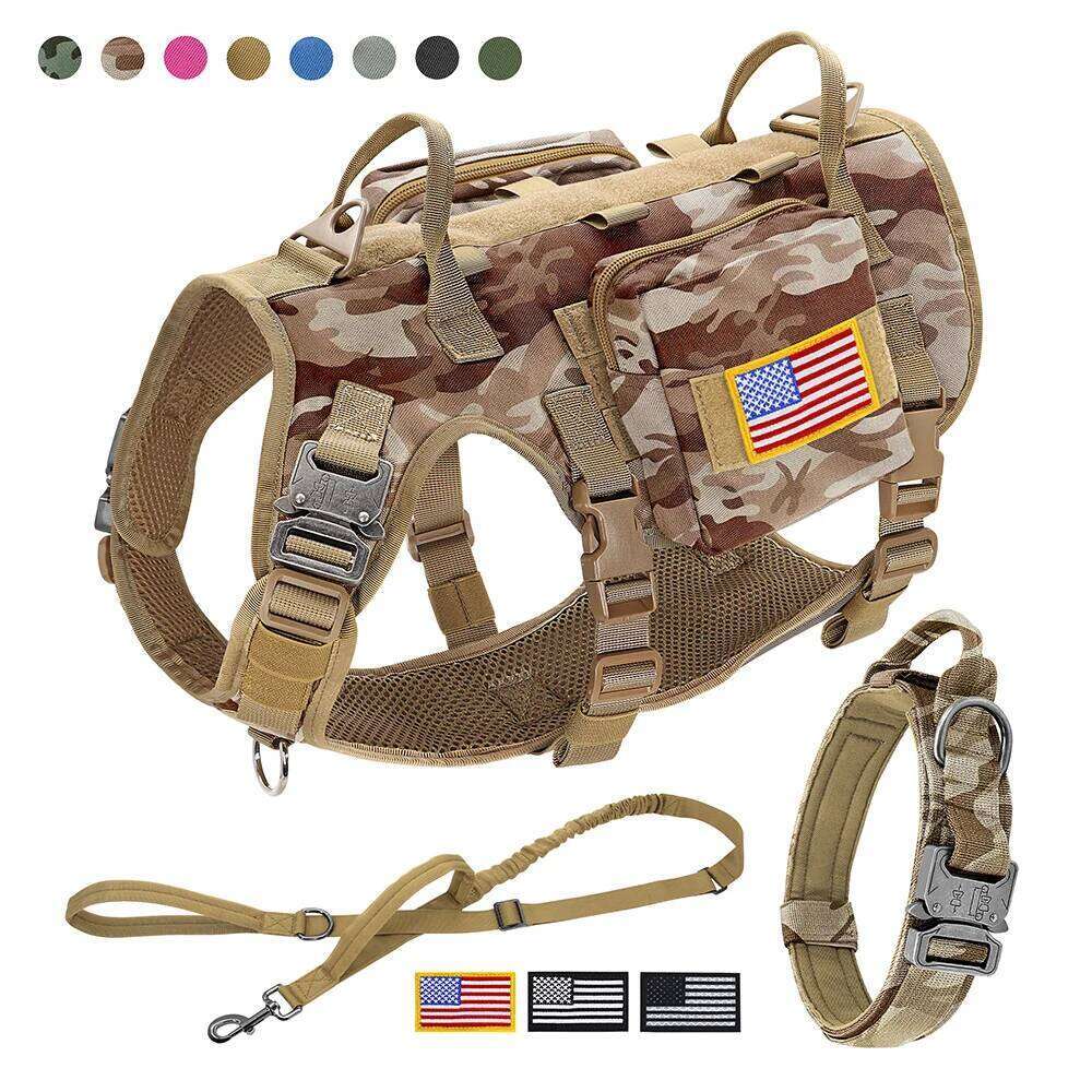 Military Tactical Dog Harness Collar Leash Set with Pouches Flags Durable Pet Harnesses Vest Collars Leashes for Dogs Training 26W01123