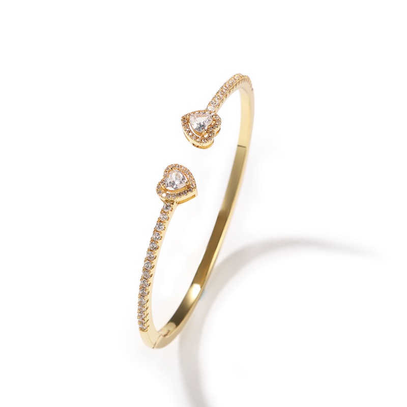 Designer Double Heart Cubic Zirconia Slim Bangle Bracelet Hip Hop Trendy Fashion Hand for Women