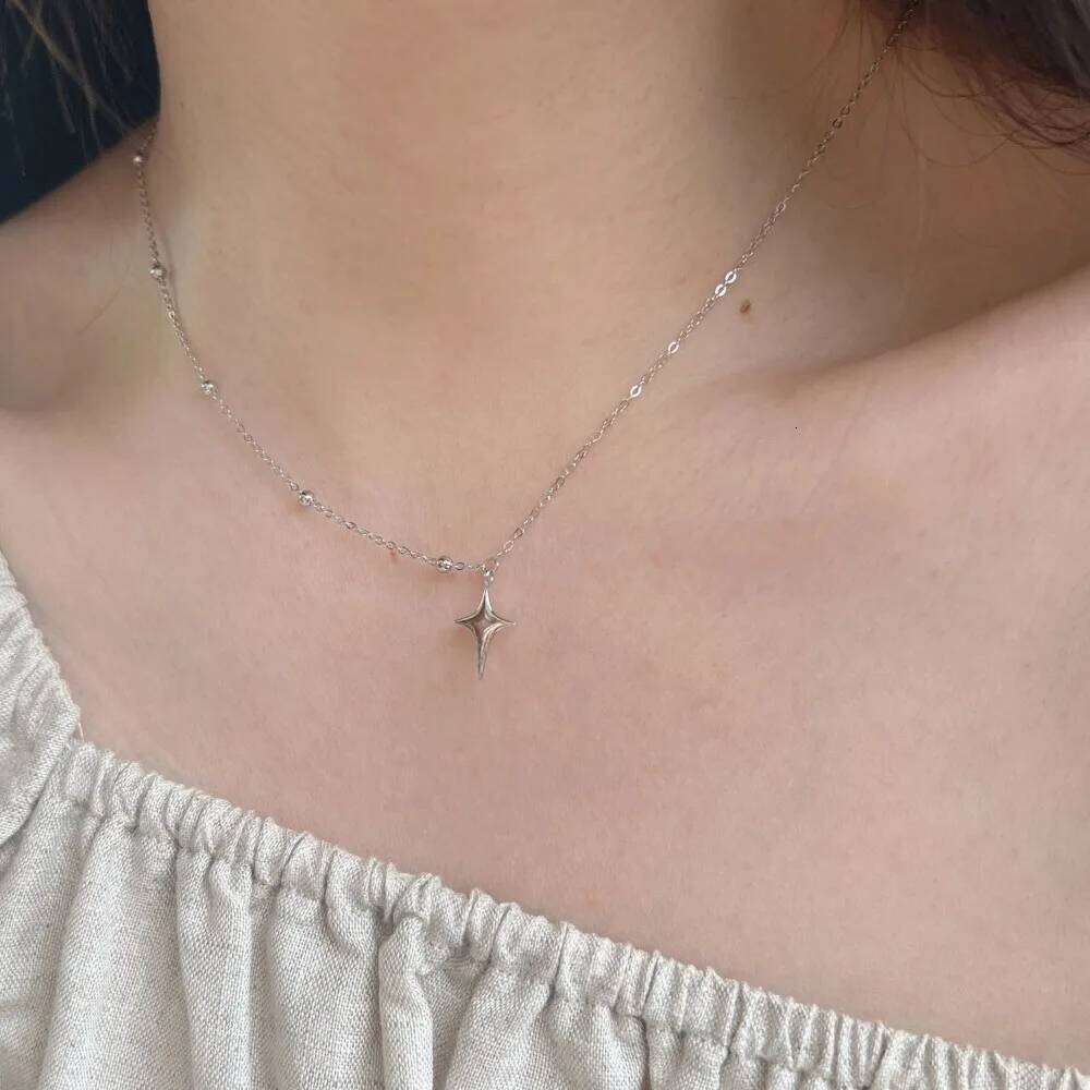 Classic Simple Four-pointed Star Pendant Necklace for Women Temperament Trend Silver Color Stainless Steel Cross Chokers Jewelry Z260123