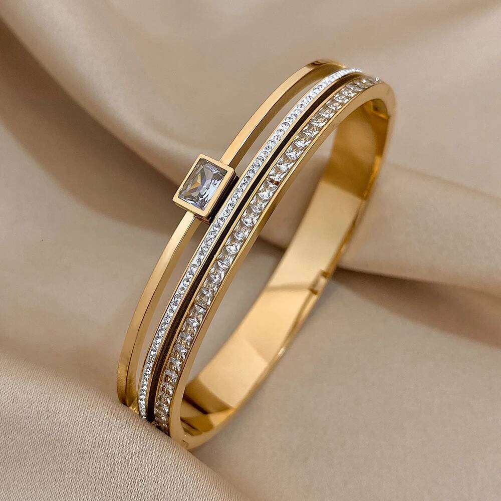 Luxury Stainless Steel Cuff Bracelet For Women Mens Gold Silver Color Couple Bracelets Green White Rhinestone Wide Bangle Gift Z260123