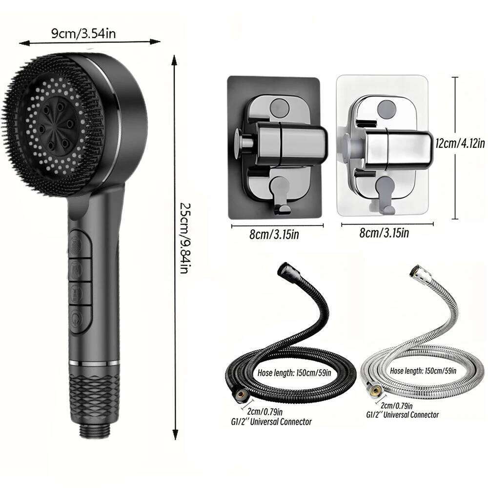 4 Modes Pressurized Head Thickened ABS Handheld Filter Showerhead with Silicone Brush One-Key Stop Water Shower Nozzle 26Y0123 M260320