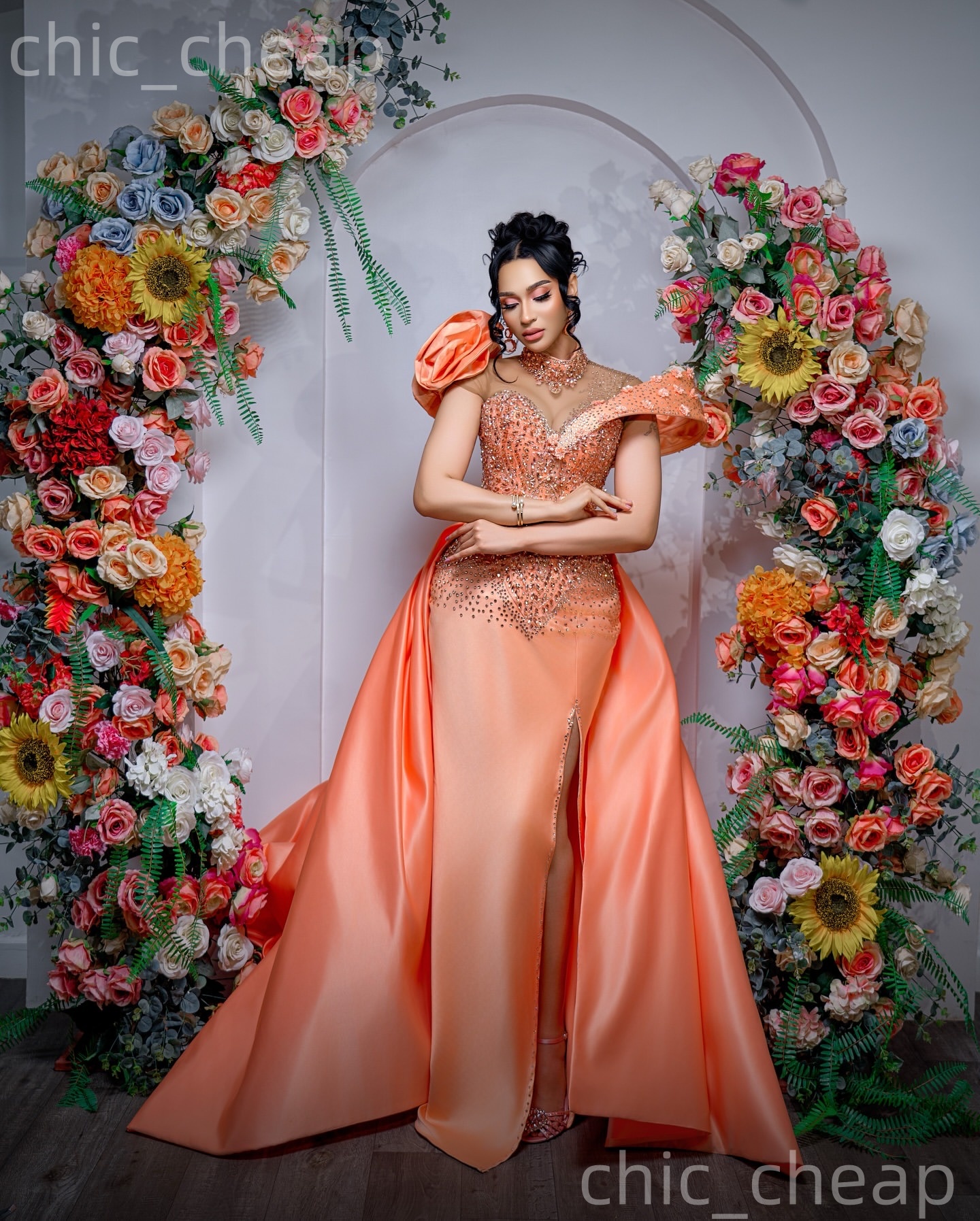 Aso Ebi Coral Sheath Prom Dresses 2026 Flowers Crystals Satin Detachable Train Evening Formal Party Second Birthday Reception Gowns Dress For Special 