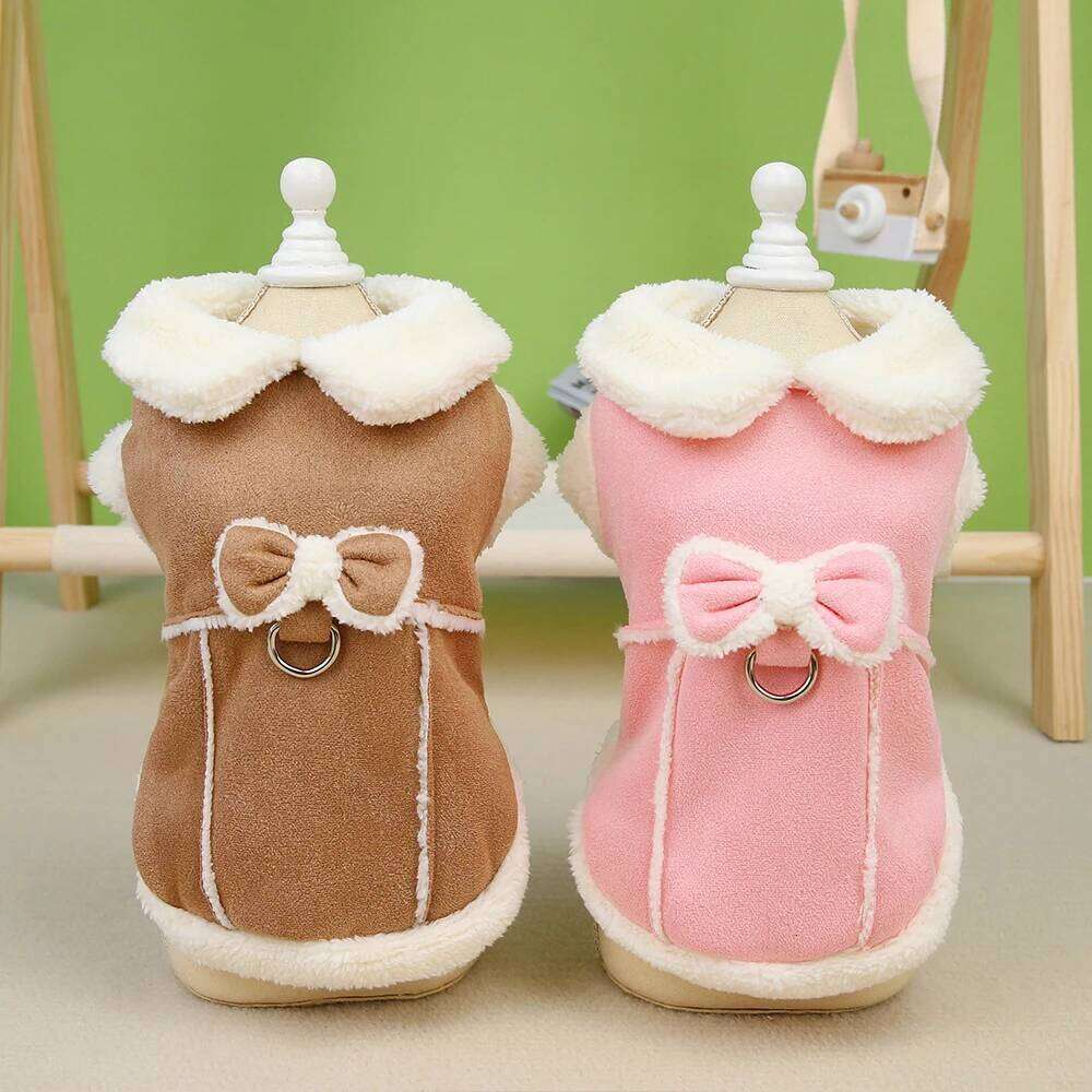 Dog Jacket With Bowknot Decoration, Winter Composite Fabric, Plush Pet Clothing With Traction Ring, Cotton Jacket
