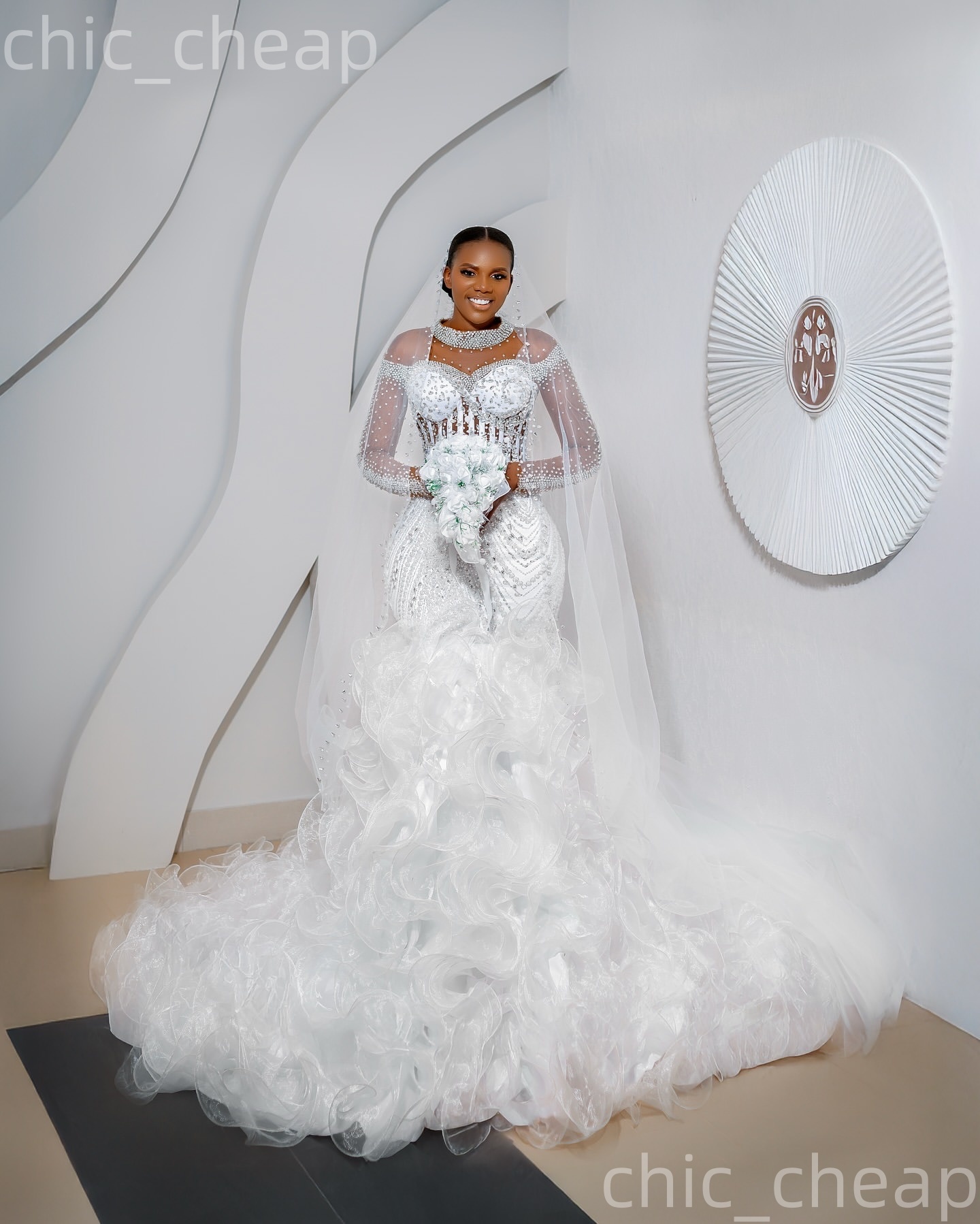 African Aso Ebi 2026 White Mermaid Wedding Dress Crystals Beaded Sheer Neck Sequined Detachable Train Luxurious Bridal Gowns Dresses ZJ2371