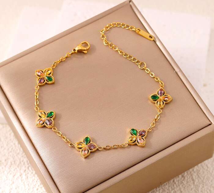 European and American New Style Four-Leaf Clover Stainless Steel 18K Plated Jewelry Colorful Zircon Bracelet