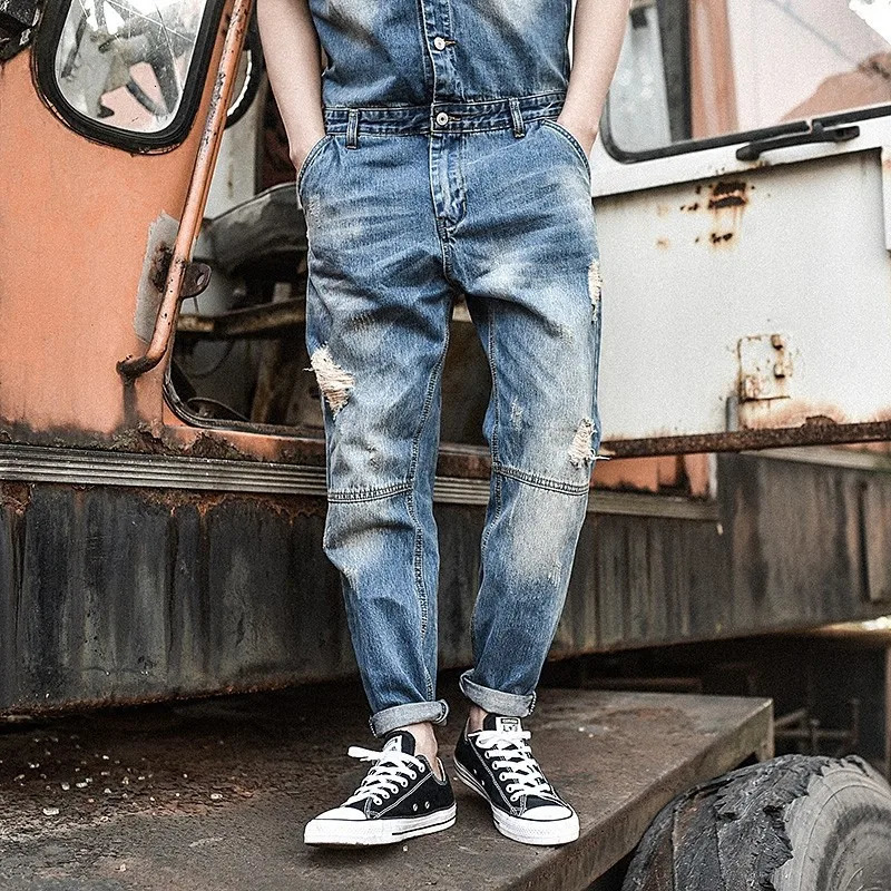 Japan Retro Mens Overalls Short Sleeved Denim Pants Casual Washed Jeans Jumpsuits Button Classic Hole Ripped Trousers 260120