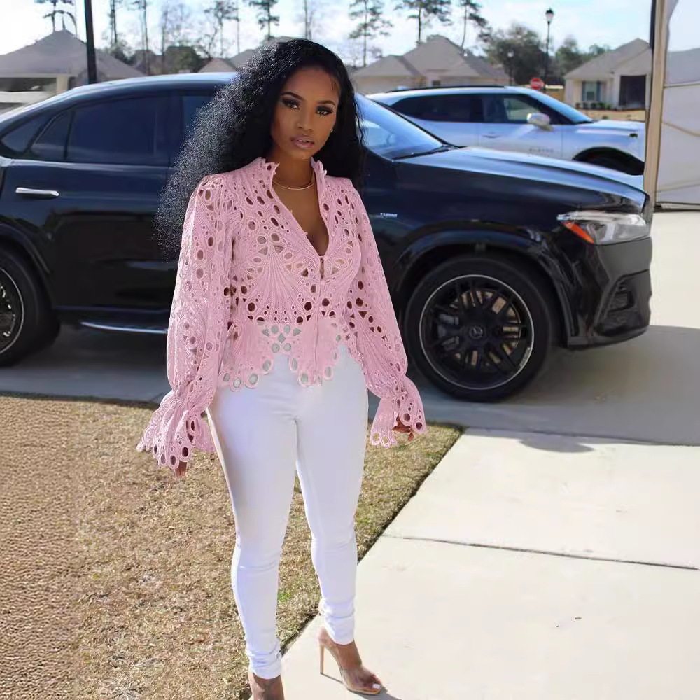 Women's Blouses Shirts Elegant Long Sleeve Hollow Out Mesh Lace Shirt Sheer See Through Top Blouse Clothing Dashiki African For Women 220830