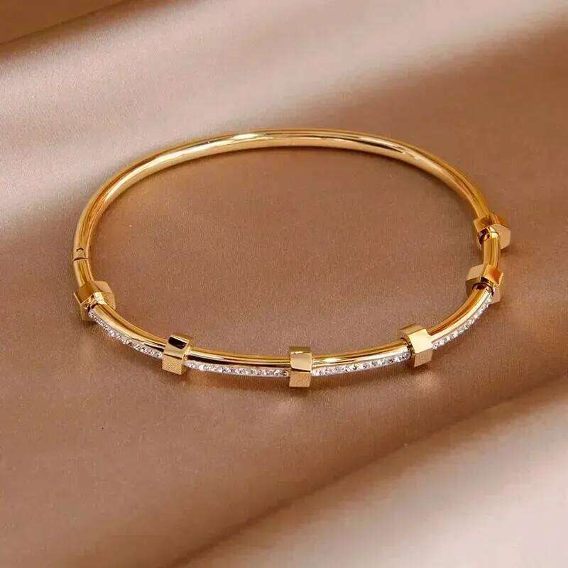 Trendy Round Cubic Zirconia Bangles For Women Men Gold Silver Color Stainless Steel Crystal Bangle Party Jewelry Z260123