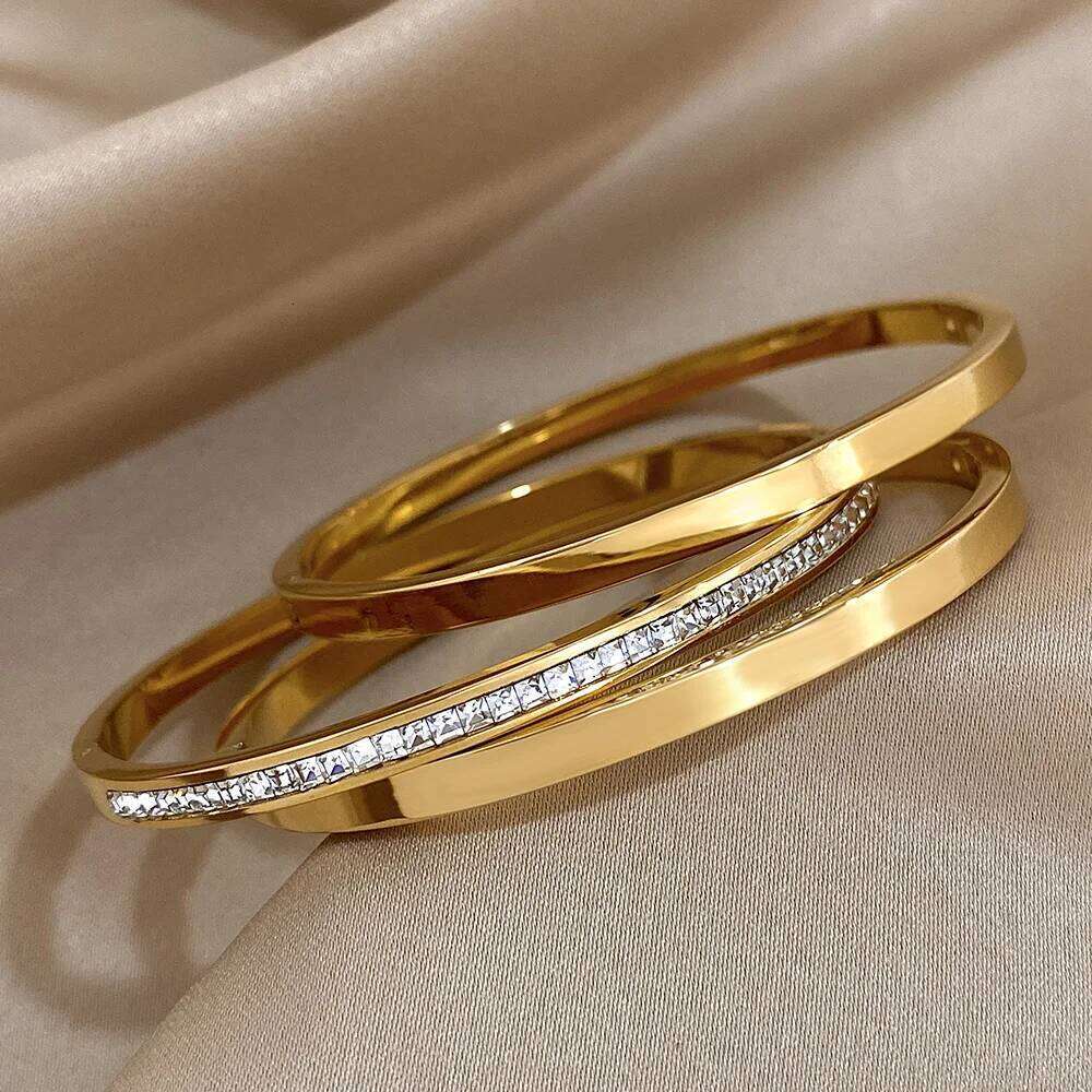 3pcs Glossy Rhinestone Stainless Steel Bangle for Women Luxury Gold Silver Color Wristband Bracelet Waterproof Jewelry Z260123