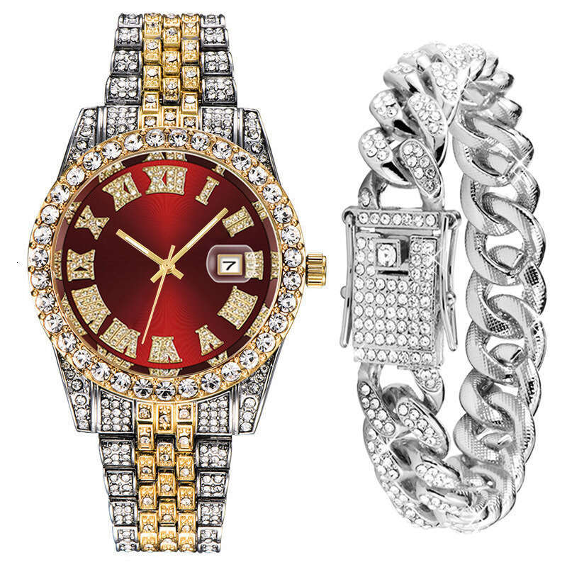 2PES/Set Luxury Fashion Set with Diamonds, European and American Hip-Hop Trendy Cool Men's Watch