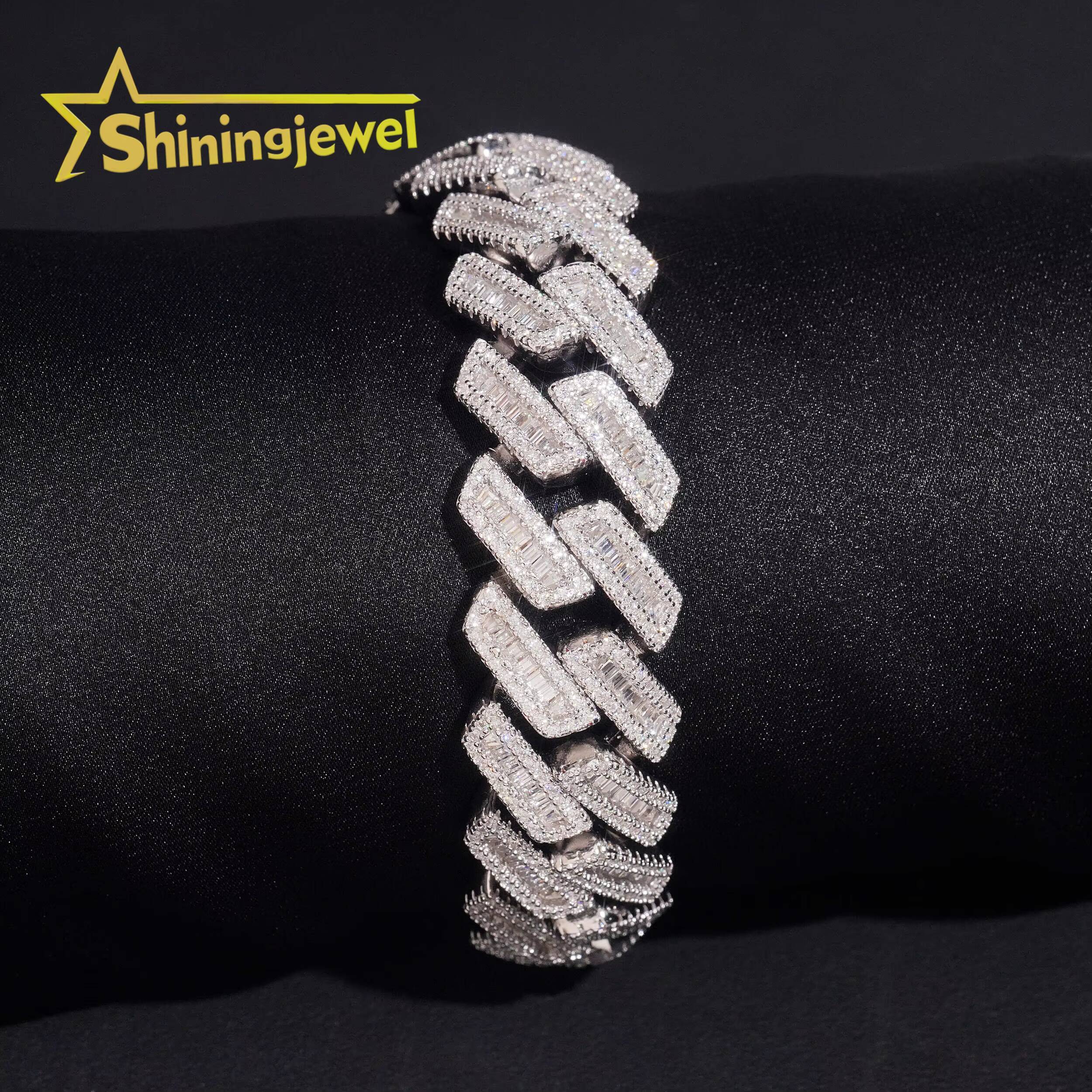 Bracelet moissanite bracelet18mm Baguette Moissanite Cuban Bracelet Ready Stock Hip Hop Rock Moissanite 925 Silver Diamond Cuban Link ChainNecklace ch