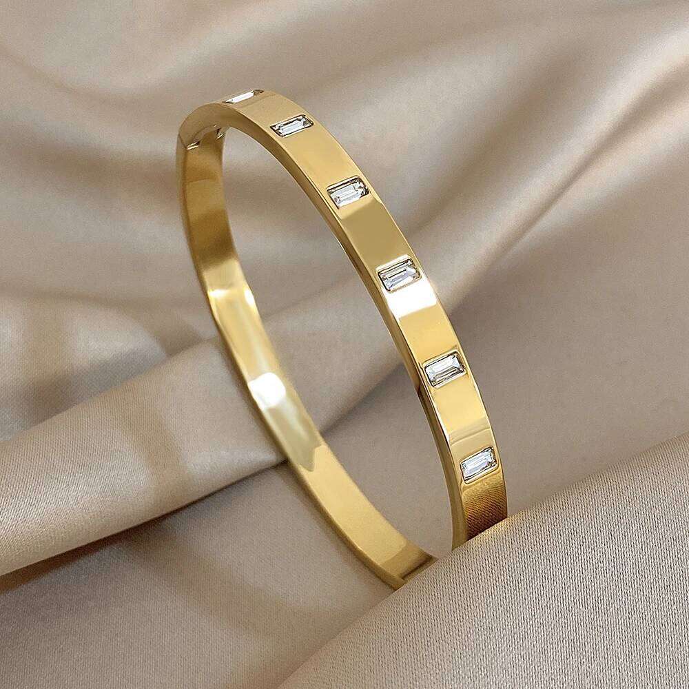 Luxury Inlaid Square Zircon Cuff Bangle Bracelets for Women Trendy Waterproof Gold Silver Color Stainless Steel Stacked Bracelet Z260123