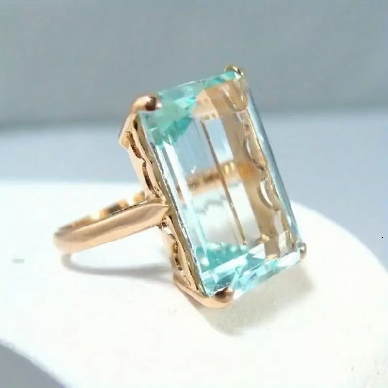 Hot Selling Style Luxury Imitation Sea Blue Topaz Square Diamond Exaggerated Light Luxury Personality Ring Jewelry