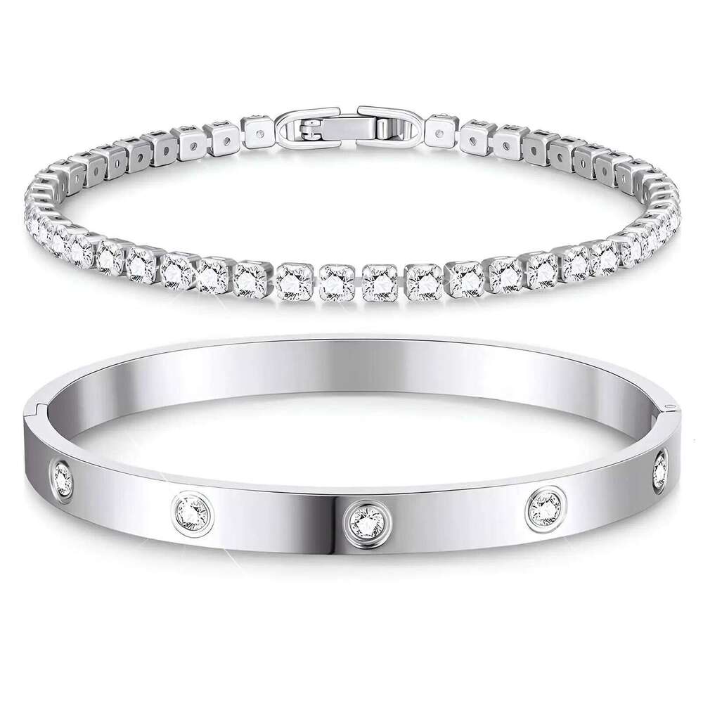 Yupsk 2 Pieces Stainless Steel Zirconia Tennis Bracelet Bangle Round Zircon CZ Aesthetic Women Jewelry Set Gift Z260123