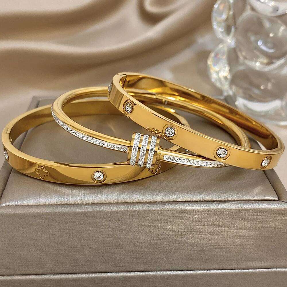 Luxury Stainless Steel Cuff Bangle for Women Men Brand Inlaid Zircon Gold-Plated Lucky Beads Bracelets Bangles Wrist Jewelry Z260123